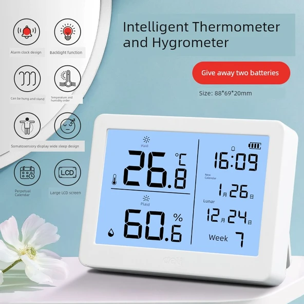 Elektronik Higrometre - Beyaz Alarmlı ve Arka Işıklı Nem ve Sıcaklık Ölçer