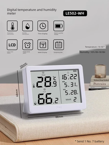 Dijital Termometre Higrometre - Orta Ekran Çok Fonksiyonlu Takvim ve Somatosensor Alarm - Beyaz