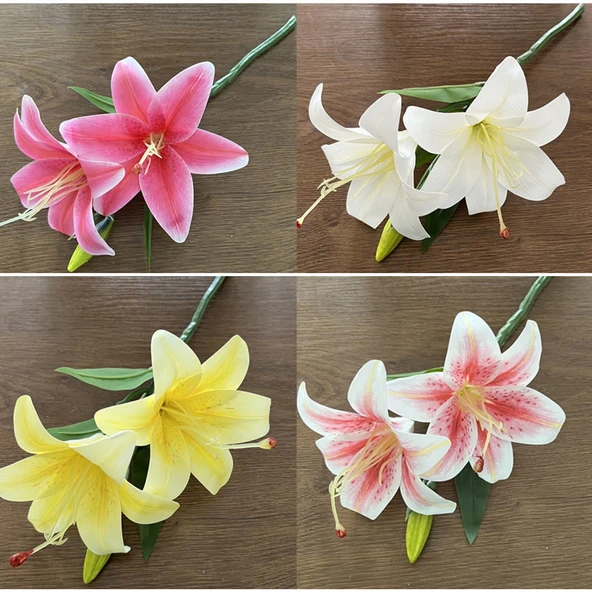 Yapay Zambak Çiçeği - 3 Çiçek 3 Gonca - Mor - 75cm - 7