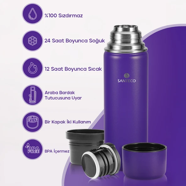 Santeco Kolima 2 Kapaklı Termos 1 L-Mor - Resim 11