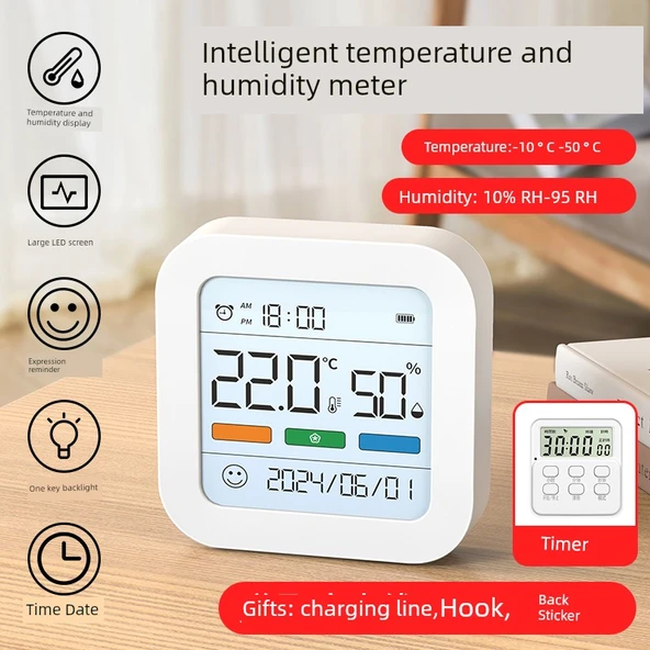Lüks Dijital Termometre Higrometre - Zamanlayıcılı, Tarih ve Somatosensor Ekranlı