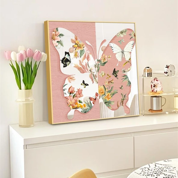 Kelebek Ayna Tablo - Kelebek Aşk Çiçek Çerçeve A - 30x30cm - Modern Siyah Çerçeve - 11