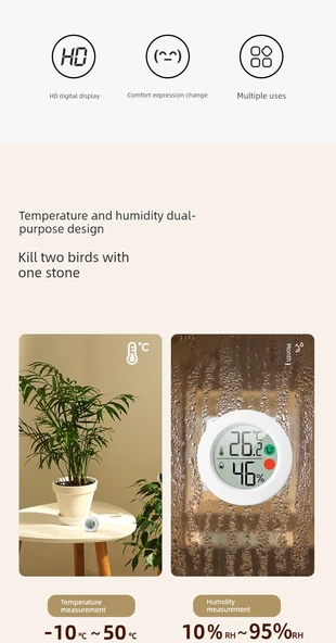Mini Gülen Yüz Termometre Higrometre - Duvar Stickerlı (φ45mm) - 9