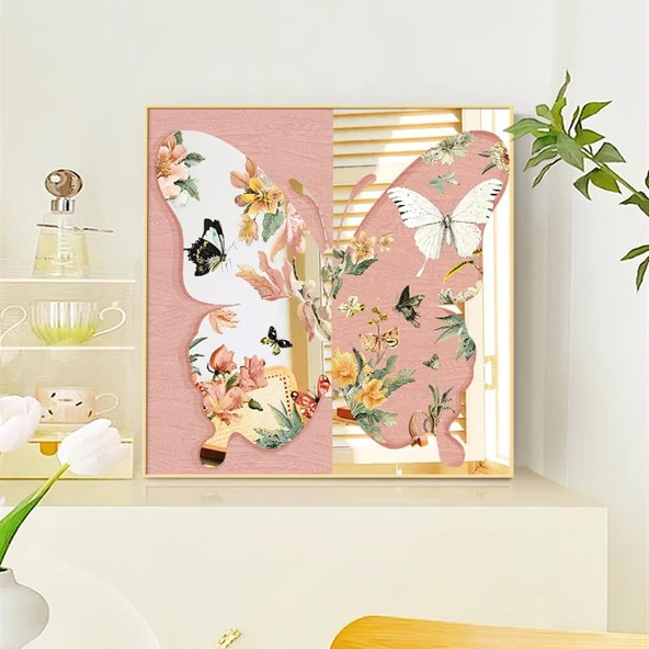 Kelebek Ayna Tablo - Kelebek Aşk Çiçek Çerçeve A - 30x30cm - Modern Siyah Çerçeve - 12