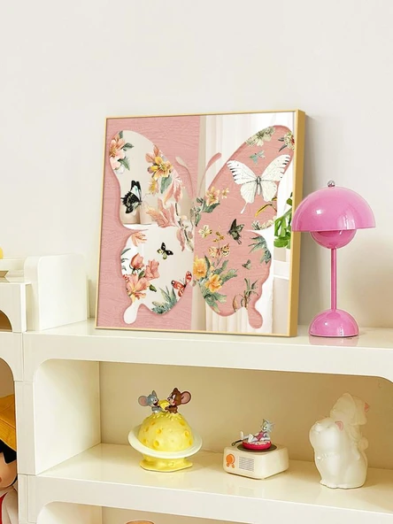 Kelebek Ayna Tablo - Kelebek Aşk Çiçek Çerçeve A - 30x30cm - Modern Siyah Çerçeve - 5