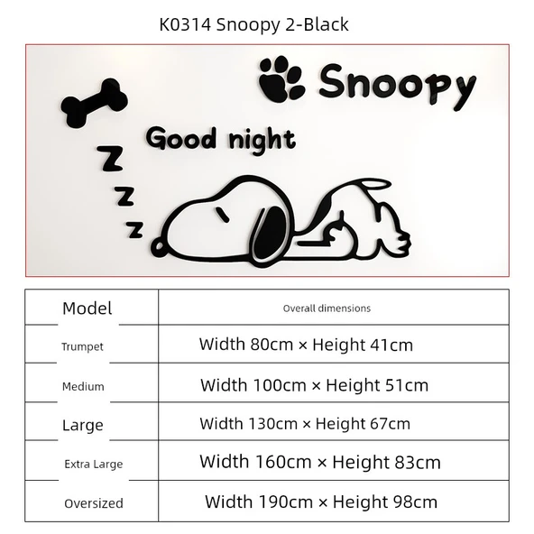 Snoopy Çizgi Film 3D Duvar Stickerı - K0314 Snoopy 2-Siyah - Orta