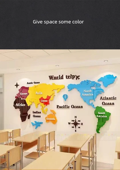 3D Dünya Haritası Duvar Stickerı - Kahve/Sarı/Gül Kırmızısı/Turuncu/Gök Mavisi/Koyu Yeşil/Beyaz - Küçük Boy - 7