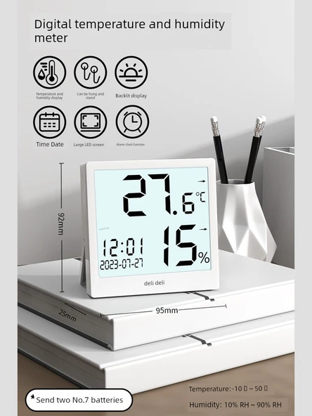 Dijital Termometre Higrometre - Beyaz Arka Işıklı Alarm Pro Kare