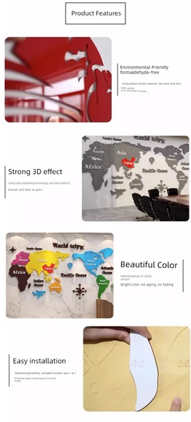 3D Dünya Haritası Duvar Stickerı - Kahve/Sarı/Gül Kırmızısı/Turuncu/Gök Mavisi/Koyu Yeşil/Beyaz - Küçük Boy - 11
