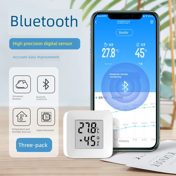 Dijital Termometre Higrometre - Minimalist Bluetooth Üç Adet Pilli