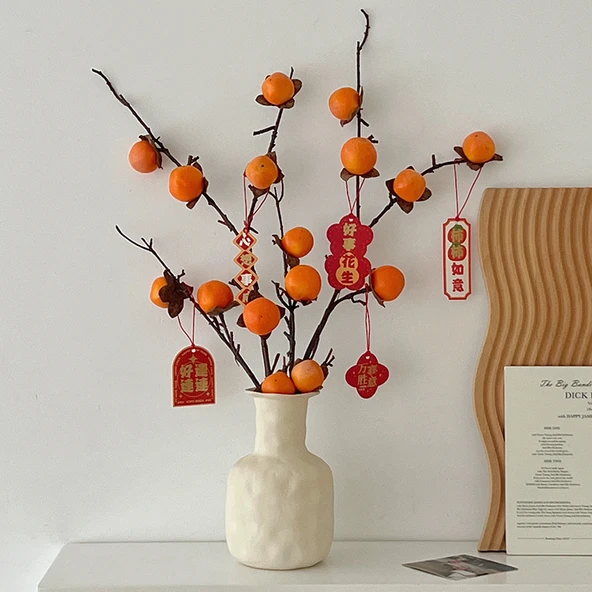 Turuncu Yapay Trabzon Hurması, Uzun Vazo ve Etiket (Model 2) - Resim 7