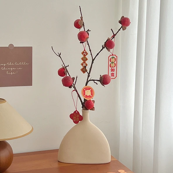 Turuncu Yapay Trabzon Hurması, Uzun Vazo ve Etiket (Model 2) - Resim 8