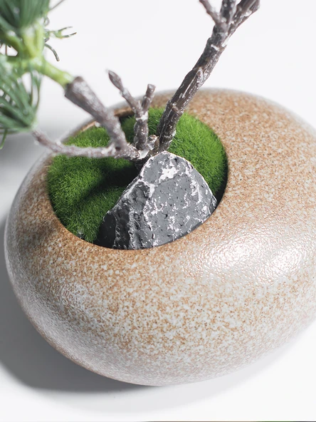 Seramik Vazoda Yapay Çam Bonsai - Siyah Çiçekli - 6