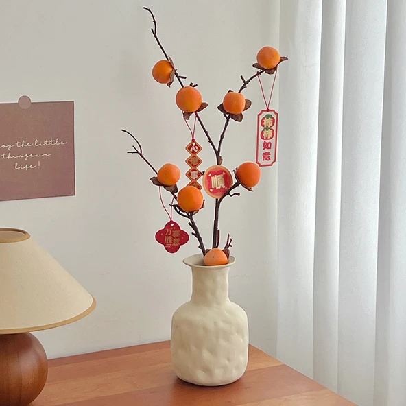 Turuncu Yapay Trabzon Hurması, Uzun Vazo ve Etiket (Model 2) - Resim 5