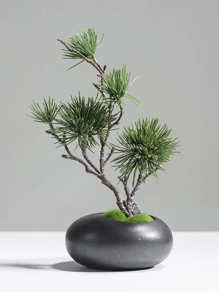 Seramik Vazoda Yapay Çam Bonsai - Siyah Çiçekli - 3
