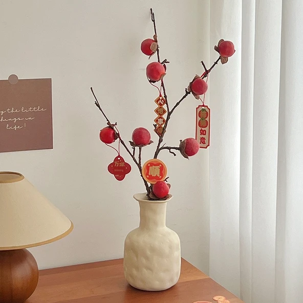 Turuncu Yapay Trabzon Hurması, Uzun Vazo ve Etiket (Model 2) - Resim 6