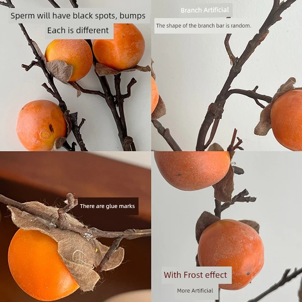 Turuncu Yapay Trabzon Hurması, Uzun Vazo ve Etiket (Model 2) - Resim 4