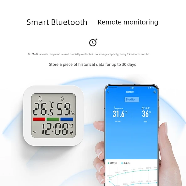 Dijital İç Ortam Termometre Higrometre - Şarjlı Bluetooth, Pozitif, Geri Sayım, Uzun Ömürlü, Bluetooth Bağlantılı, USB Şarjlı - 3