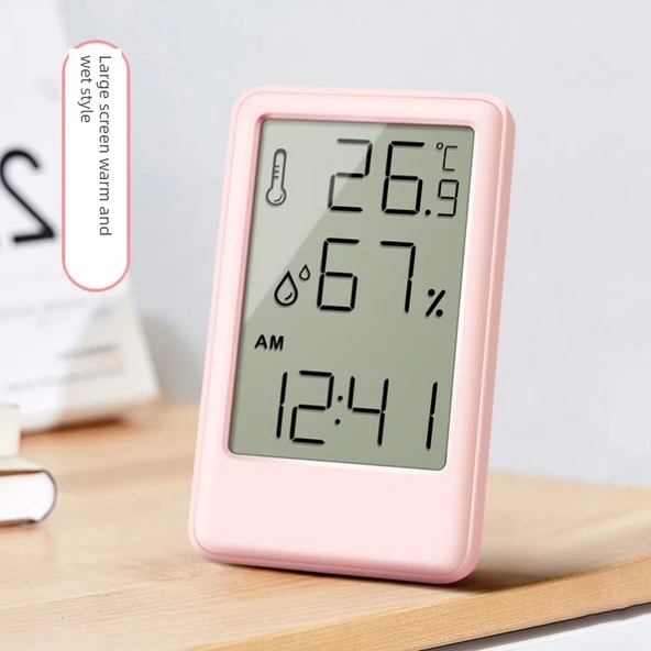 Duvara Asılabilen Büyük Ekranlı Termometre ve Nem Ölçer - Pembe 9cm