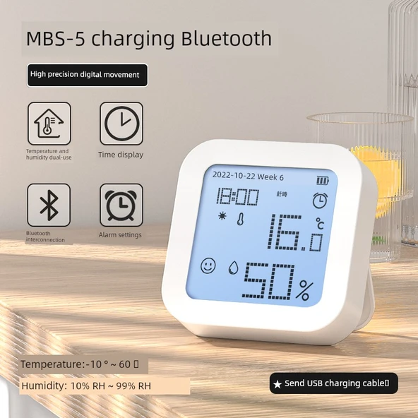 Dijital İç Ortam Termometre Higrometre - Şarjlı Bluetooth, Pozitif, Geri Sayım, Uzun Ömürlü, Bluetooth Bağlantılı, USB Şarjlı
