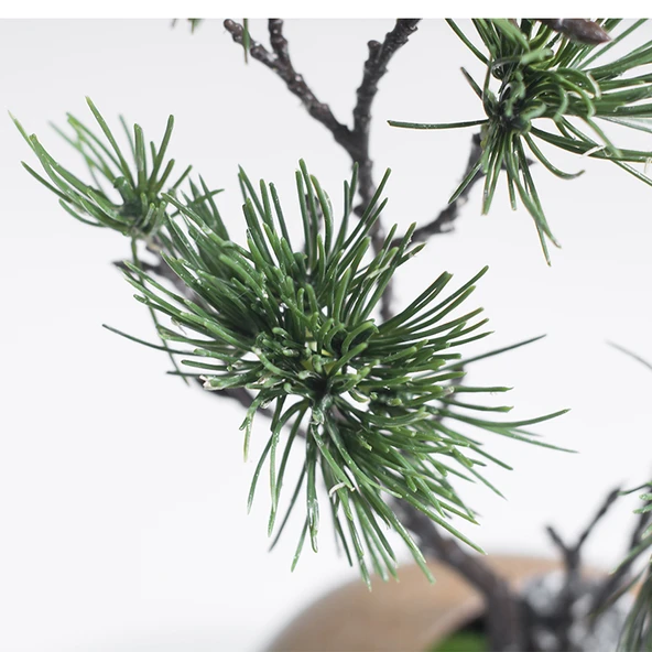 Seramik Vazoda Yapay Çam Bonsai - Siyah Çiçekli - 11