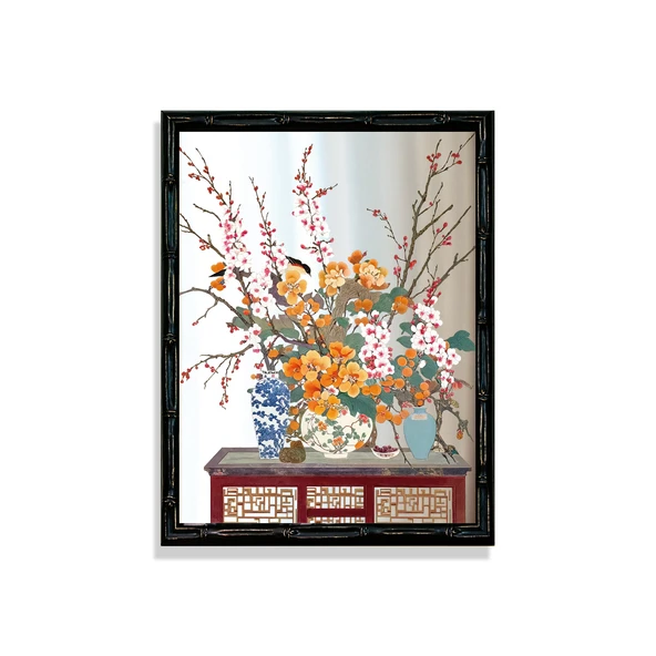 Çin Tarzı Çiçekli Ayna Dekoratif Tablo - Şişede Erik Çiçeği 5 - 25x33cm