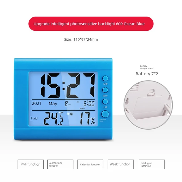 Elektronik Higrometre Termometre - Akıllı Işığa Duyarlı Arka Işıklı 609 Okyanus Mavisi