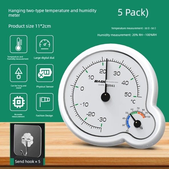 İç Ortam Termometre Higrometre - Minimalist Beyaz - 5 Kancalı