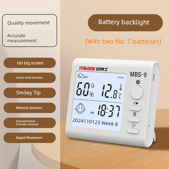 Dijital Termometre Higrometre - Pilli Arka Işıklı Deluxe Model