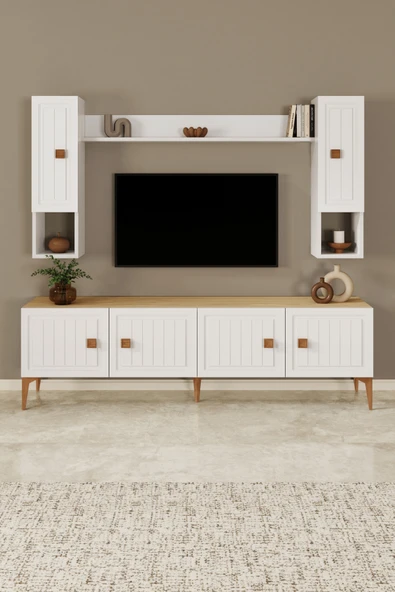 %100 Mdf Tv Ünitesi 180 Cm Desenli Dolaplı Raflı Tv Ünitesi