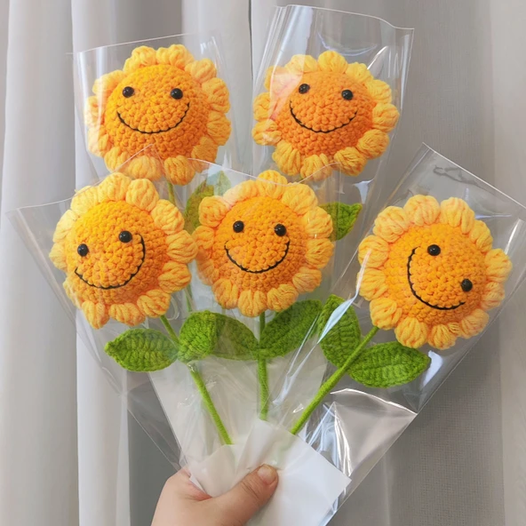 El Yapımı Tığ İşi Gülen Yüzlü Ayçiçeği Yün Buketi - Gülen Ayçiçeği - Resim 9
