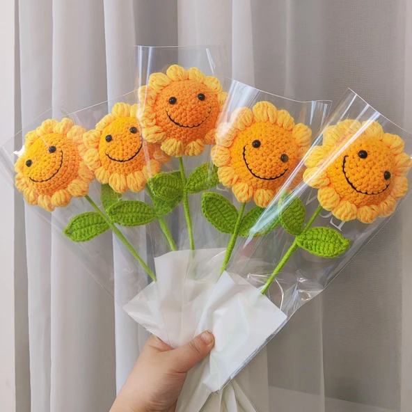 El Yapımı Tığ İşi Gülen Yüzlü Ayçiçeği Yün Buketi - Gülen Ayçiçeği - Resim 8