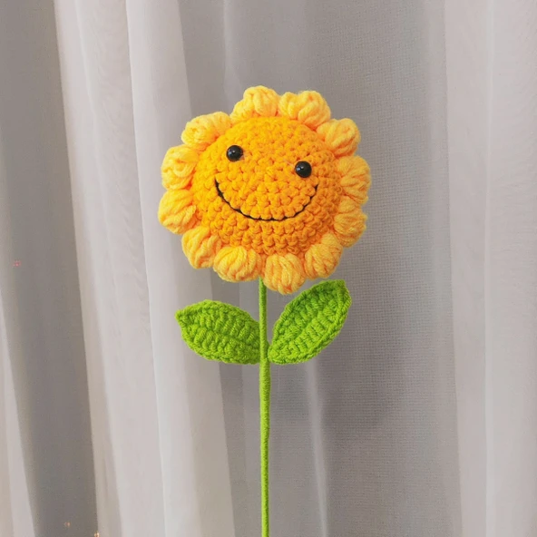El Yapımı Tığ İşi Gülen Yüzlü Ayçiçeği Yün Buketi - Gülen Ayçiçeği - Resim 11