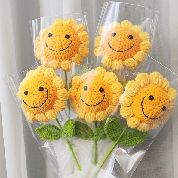 El Yapımı Tığ İşi Gülen Yüzlü Ayçiçeği Yün Buketi - Gülen Ayçiçeği - Resim 10