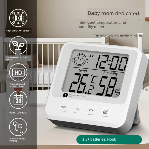 Bebek Odası Termometre Higrometresi - Alarm, Takvim ve Askı Aparatlı