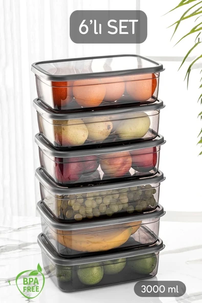 Tilbe Home 6lı Sızdırmaz Kapaklı Derin Dondurucuya Uygun Saklama Kabı Düzenleyici Gri Erzak Kabı Organizer 3Lt