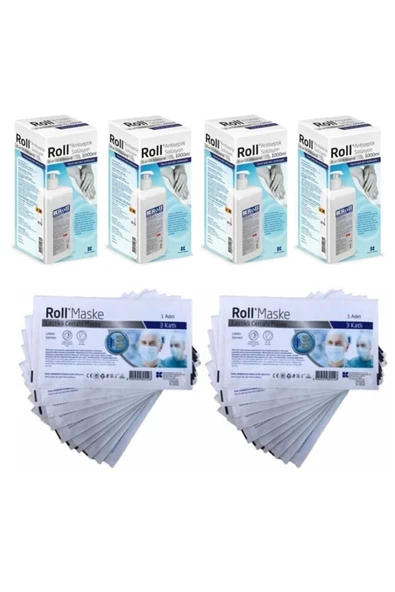 ROLL Antiseptik Solüsyon El Ve Cilt Antiseptiği 1000 Ml - 4 Adet + 20 adet Steril Maske
