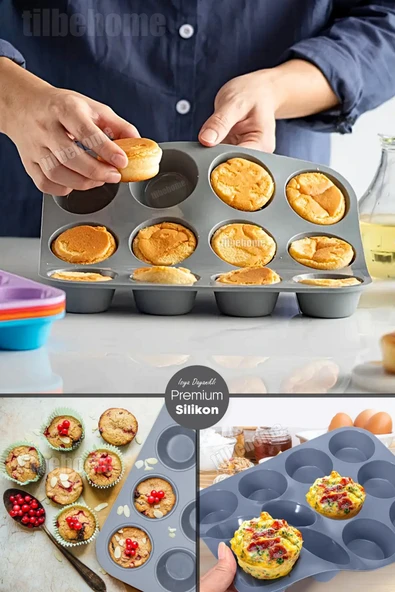 Tilbe Home 12'li Silikon Muffin Kalıbı Kurabiye Tatlı Cupcake Kek Kalıbı Yapışmaz Gıdaya Uygun Pişirme Kapsülü