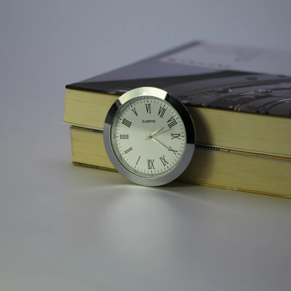 Mini Araba Saati - 45/40mm - Gümüş Kasa - Beyaz Zemin - Romen Rakamlı