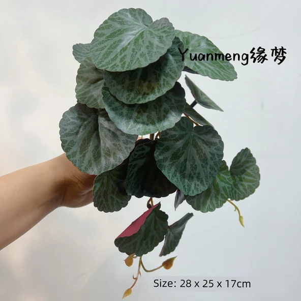 Yapay Yeşil Yapraklı Bonsai Bitki - Balkabağı Yaprağı Küçük Boy Yeşil Beyaz Benekli