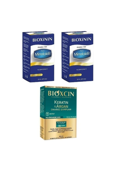 BİOXİNİN Forte Minoksidil %5 Deri Spreyi 60 Ml 2 Adet + Bioxcin Keratin & Argan Onarıcı Şampuan 300