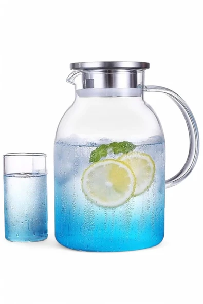 Tilbe Home Borosilikat Cam Sürahi 1800ml Isıya Dayanıklı Metal Kapaklı Bitki Çayı Demliği Meşrubat Su Sürahisi