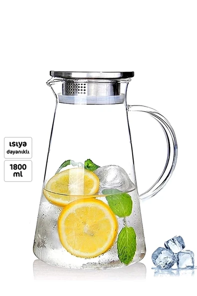 Tilbe Home Borosilikat Cam Sürahi 1800ml Isıya Dayanıklı Karaf, Metal Kapaklı Cam Kulplu Meşrubat Su Sürahisi