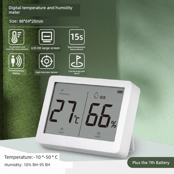 Dijital Termometre Higrometre - Hızlı Sıcaklık Ölçümü Somatosensor Ekran - Beyaz