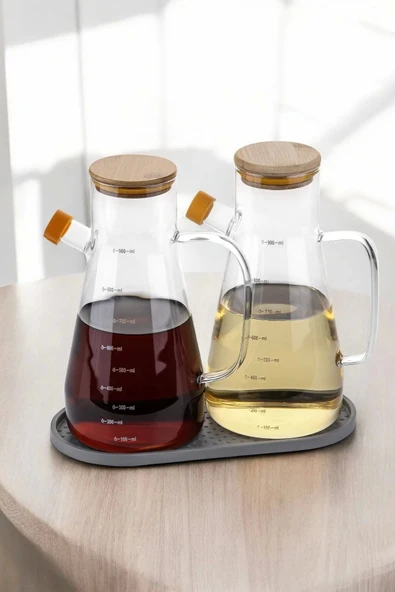 Tilbe Home Bambu Kapaklı Cam Yağdanlık Vakumlu Silikon Stantlı Sirkelik Zeytinyağı Şişesi Yağlık 900 ml Set