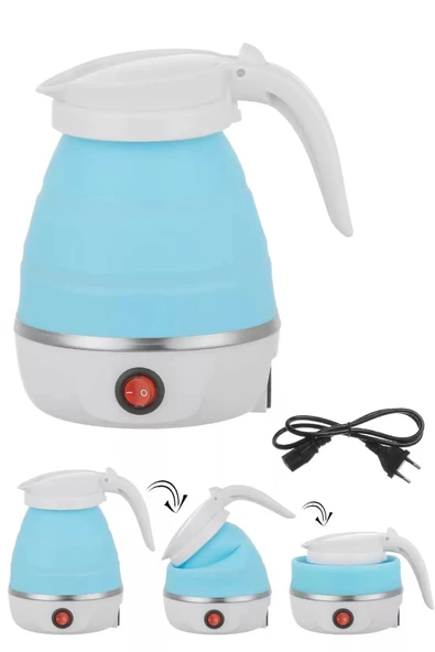 Tilbe Home Silikon Katlanır Elektrikli Çay Kahve Su Kettle Mavi Taşınabilir Seyahat Piknik Çaydanlık 600ml