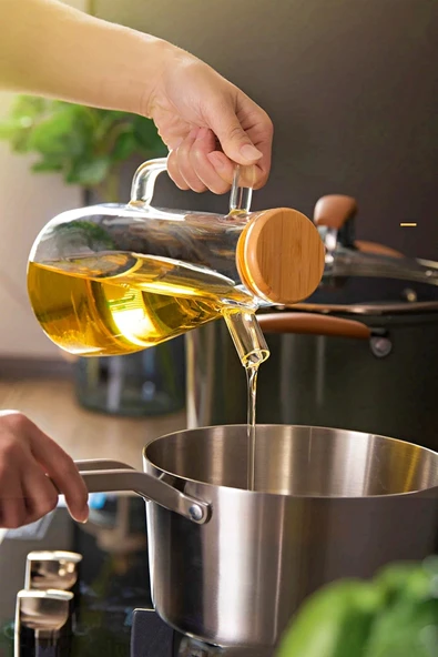 Tilbe Home Bambu Kapaklı Cam Yağdanlık Vakumlu Silikon Stantlı Sirkelik Zeytinyağı Şişesi Yağlık 900 ml Set - 2
