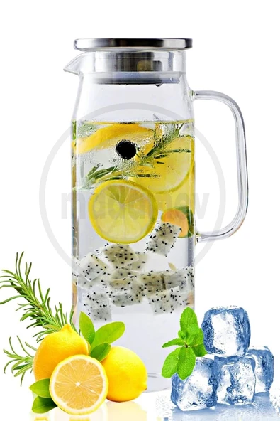 Tilbe Home Borosilikat Cam Sürahi 1800ml Isıya Dayanıklı Metal Kapaklı Filtreli Başucu Meşrubat Su Sürahisi - 3