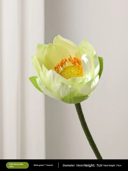 Yapay Lotus Çiçeği Aranjmanı - Tam Açmış Lotus Beyaz Yeşil 1 Dal