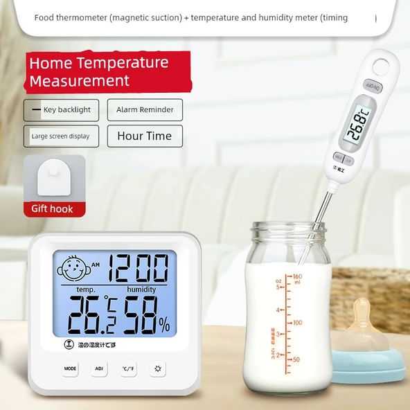 Manyetik Buzdolabı Termometre Higrometresi - Direkt Takılan Termometre + Arka Işıklı Elektronik Higrometre